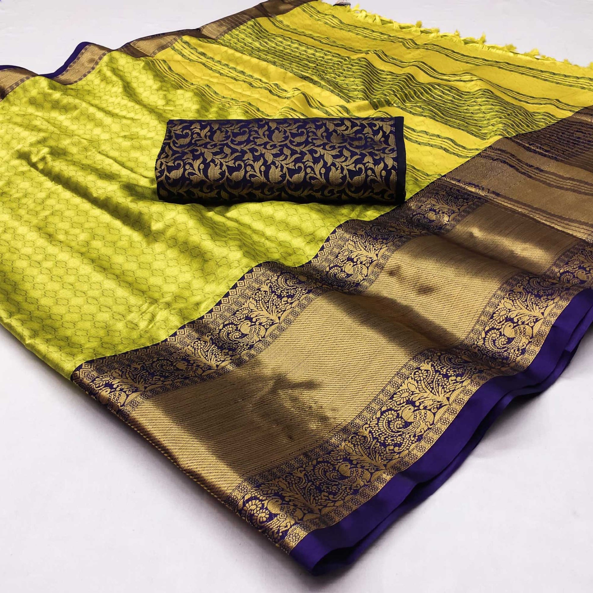 Lemon Green Woven Cotton Silk Saree With Tassels
