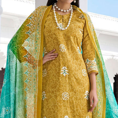 Mehendi Green Digital Printed With Mirror Work Pure Cotton Suit