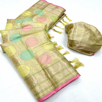 Lemon Green Floral Woven Organza Saree With Tassels