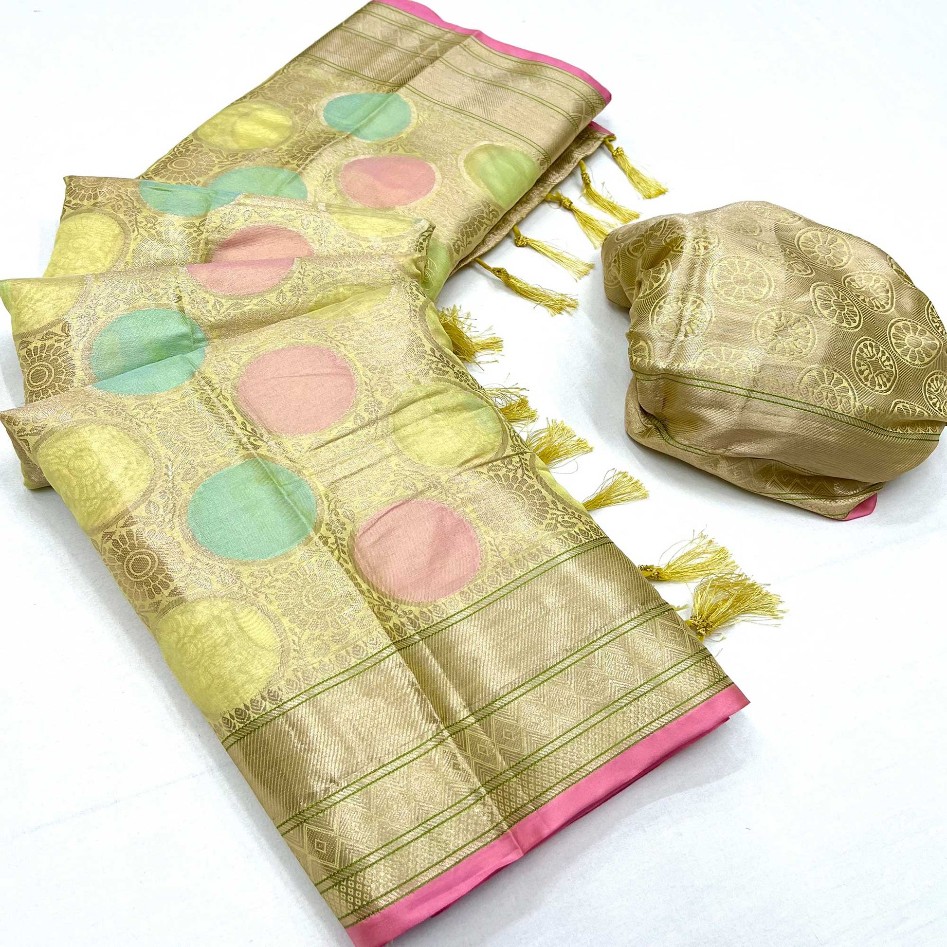 Lemon Green Floral Woven Organza Saree With Tassels