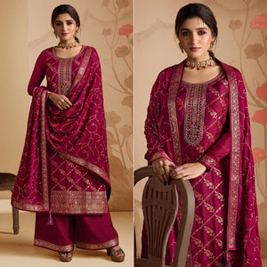 Magenta Pink Woven And Embroidered Dola Silk Palazzo Suit