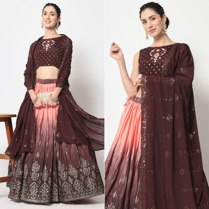 Coffee & Peach Foil Printed Chiffon Lehenga Choli