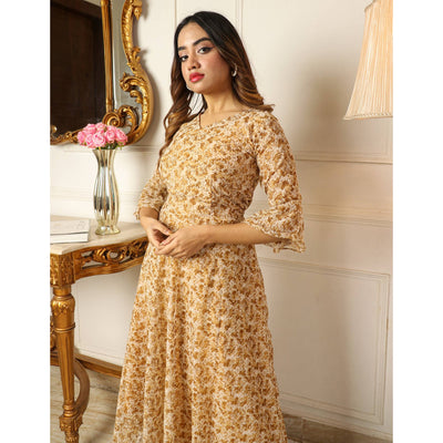 Brown Printed Georgette Dress