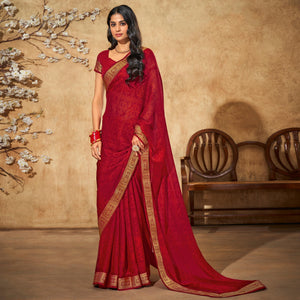 Maroon Printed Chiffon Saree With Brocade Lace
