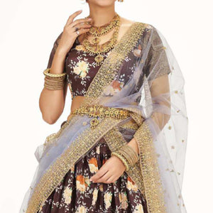 Chocolate Brown Digital Printed With Zari Work Art Silk Lehenga Choli