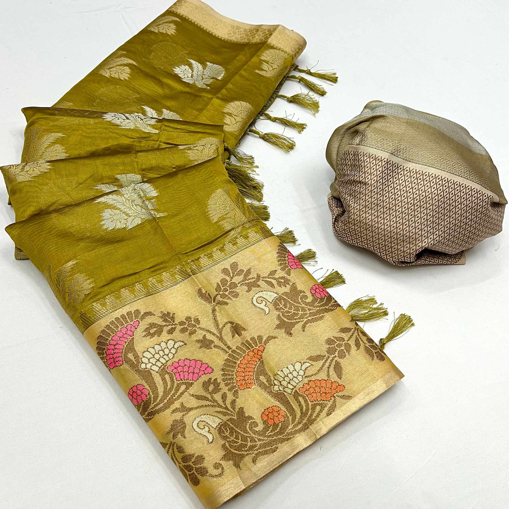 Mehendi Green Floral Woven Organza Saree With Tassels