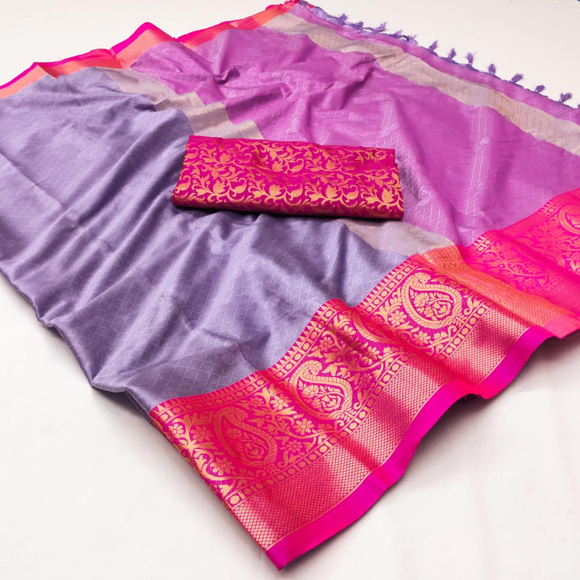 Lavender Woven Cotton Silk Saree With Tassels