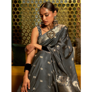 Grey Woven Satin Saree With Tassels