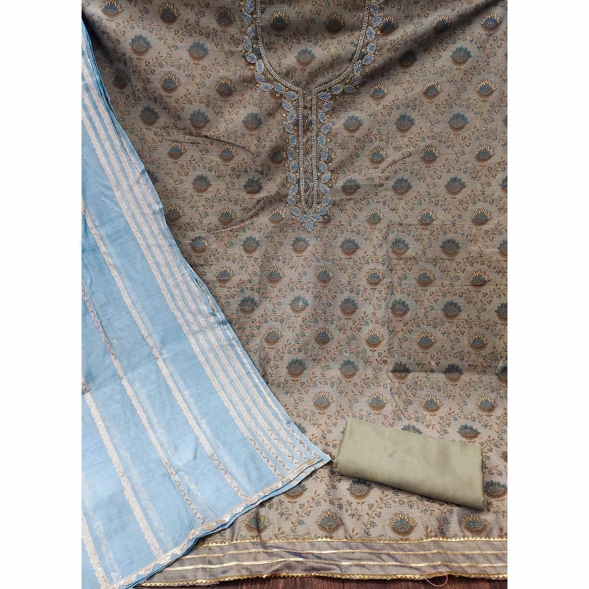 Grey Printed With Handwork Modal Dress Material