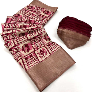 Maroon Printed With Woven Border Dola Silk Saree