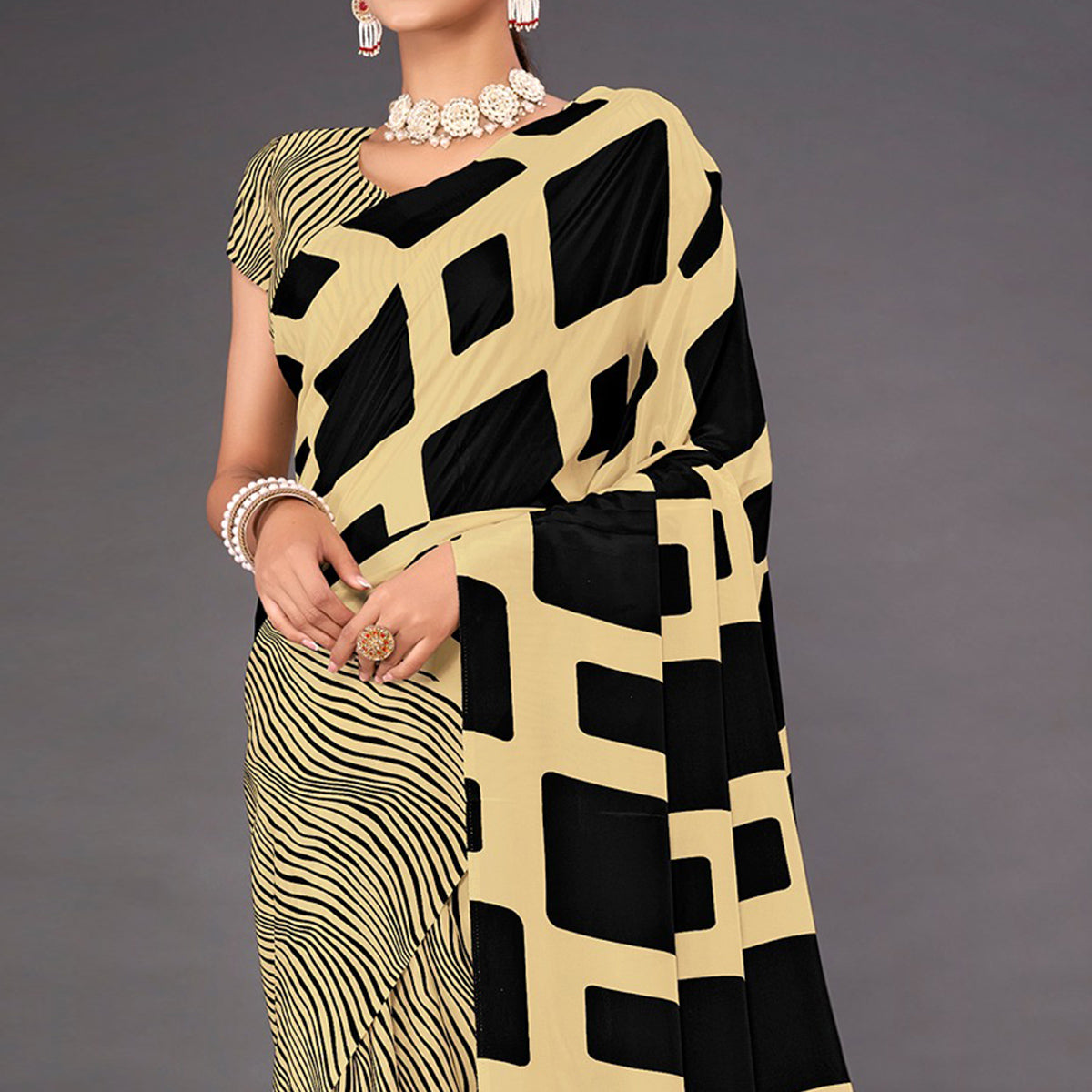 Cream Geometric Printed Crepe Saree