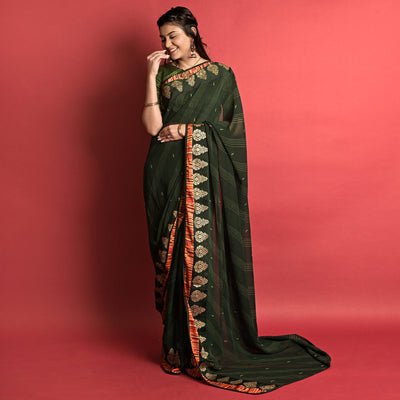 Bottle Green Printed Georgette Saree