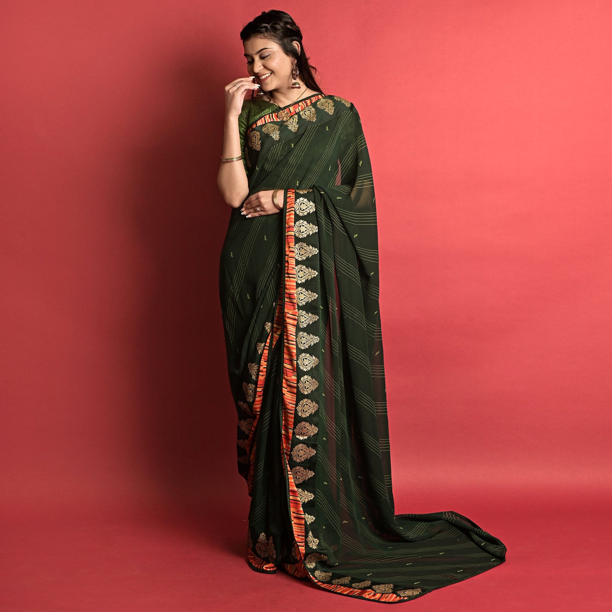 Bottle Green Printed Georgette Saree