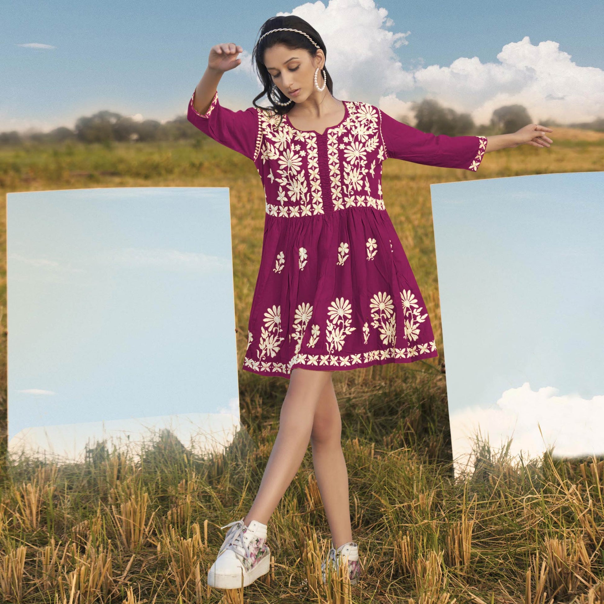 Magenta Pink Lucknowi Embroidered Rayon Tunic
