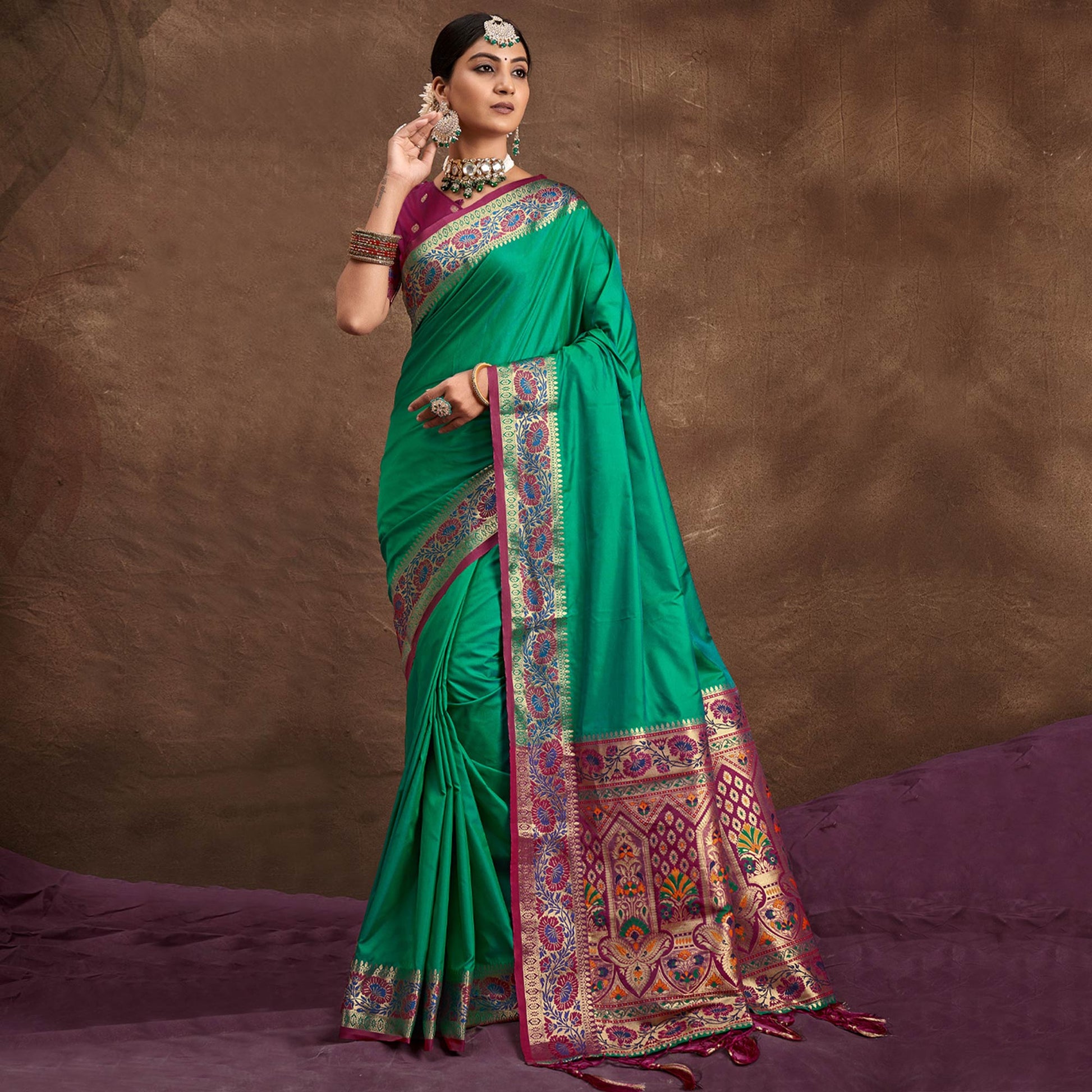 green-woven-banarasi-silk-saree-with-tassels-4