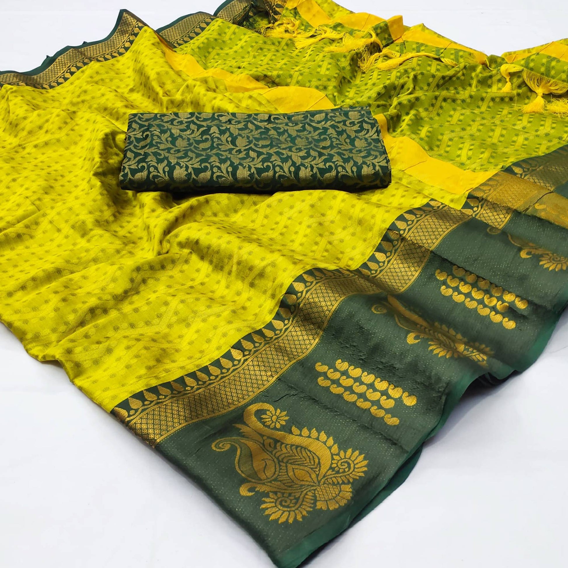 Lemon Green Woven Cotton Silk Saree With Tassels