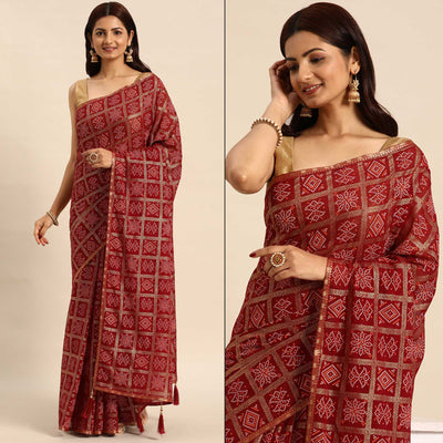 Maroon Bandhani Foil Printed Zomato Saree With Tassels