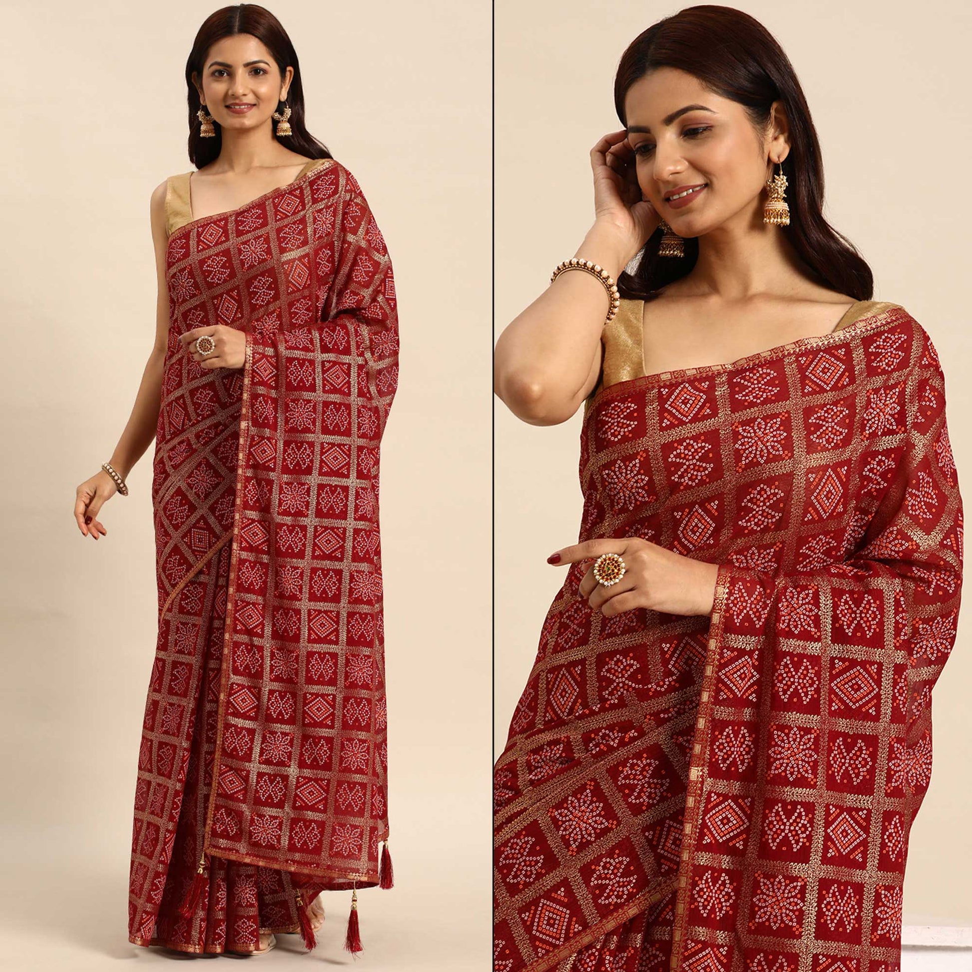 Maroon Bandhani Foil Printed Zomato Saree With Tassels