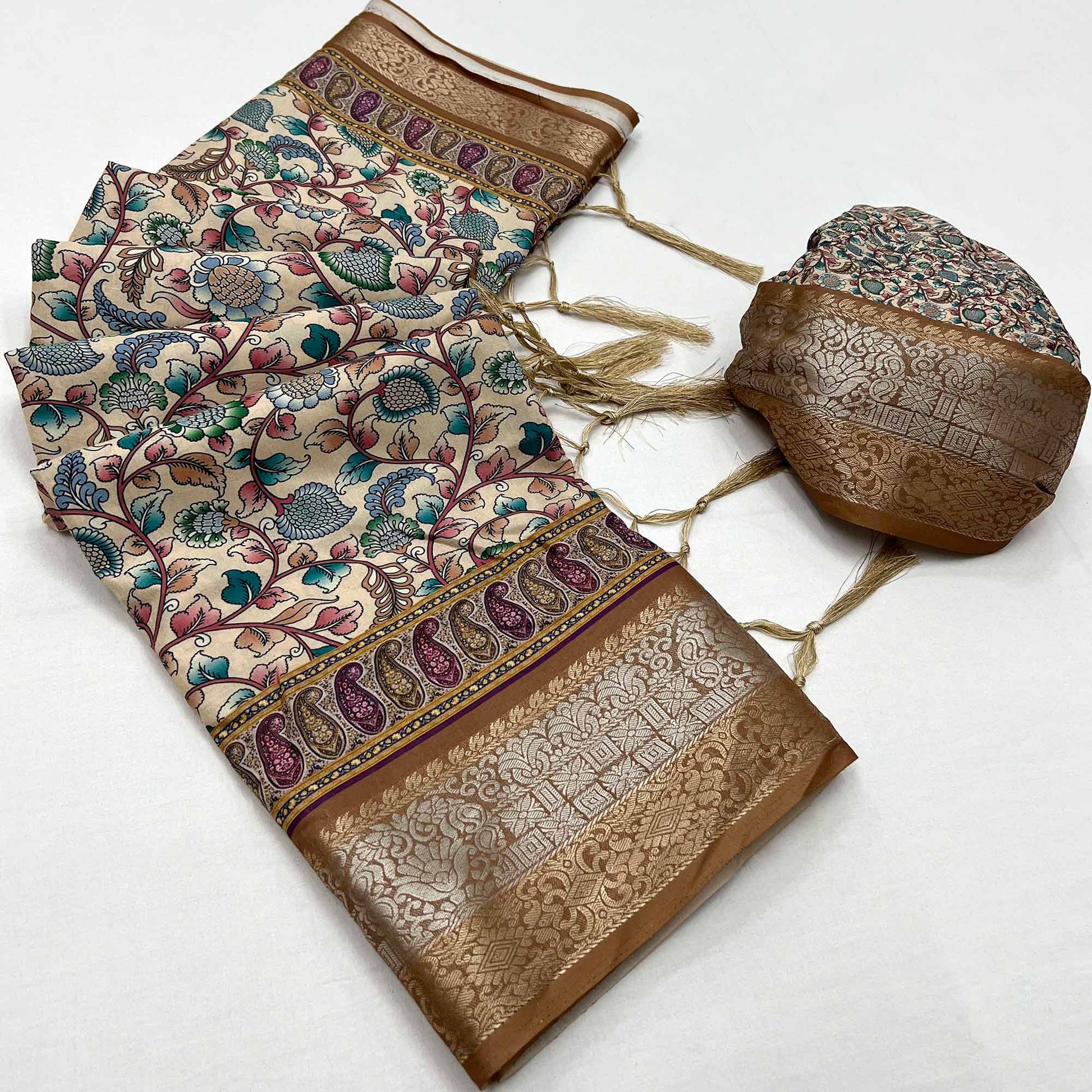 Light Brown Floral Digital Printed Pure Cotton Saree