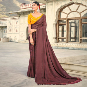 Brown Printed Georgette Saree With Tassels