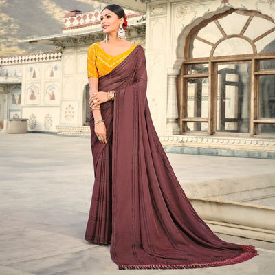 Brown Printed Georgette Saree With Tassels