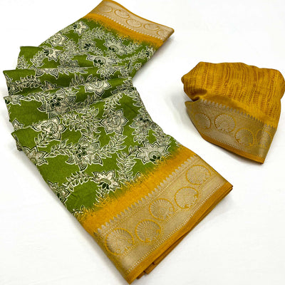 green-floral-printed-with-woven-border-dola-silk-saree