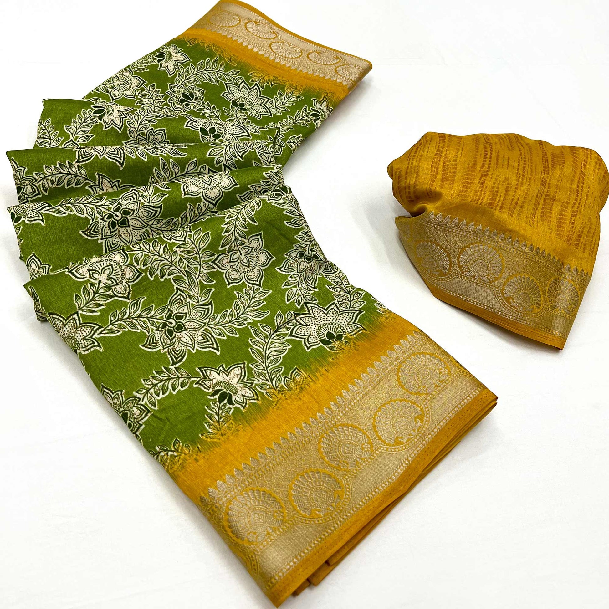 green-floral-printed-with-woven-border-dola-silk-saree