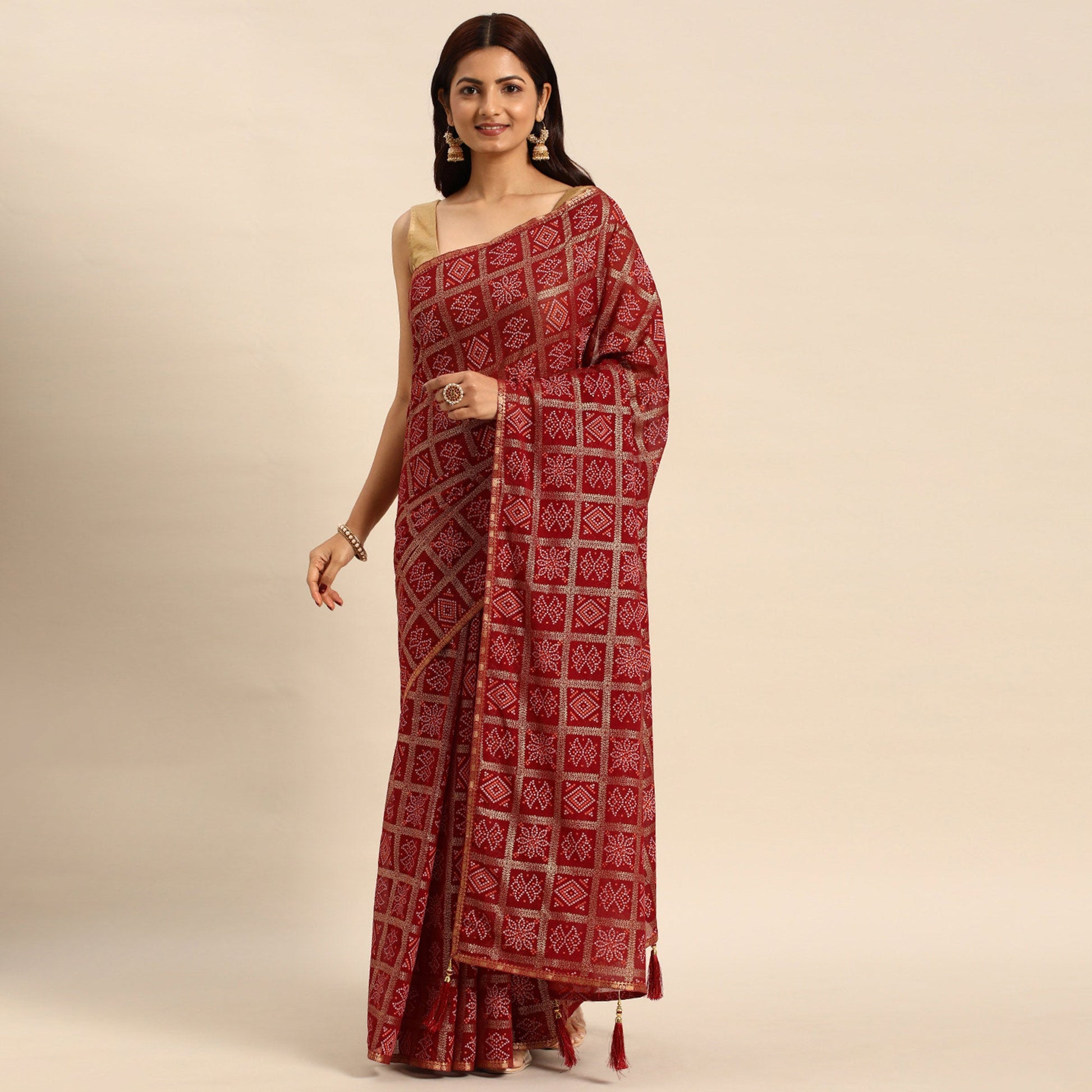Maroon Bandhani Foil Printed Zomato Saree With Tassels