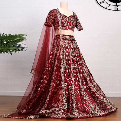 Maroon Embroidered Satin Lehenga Choli