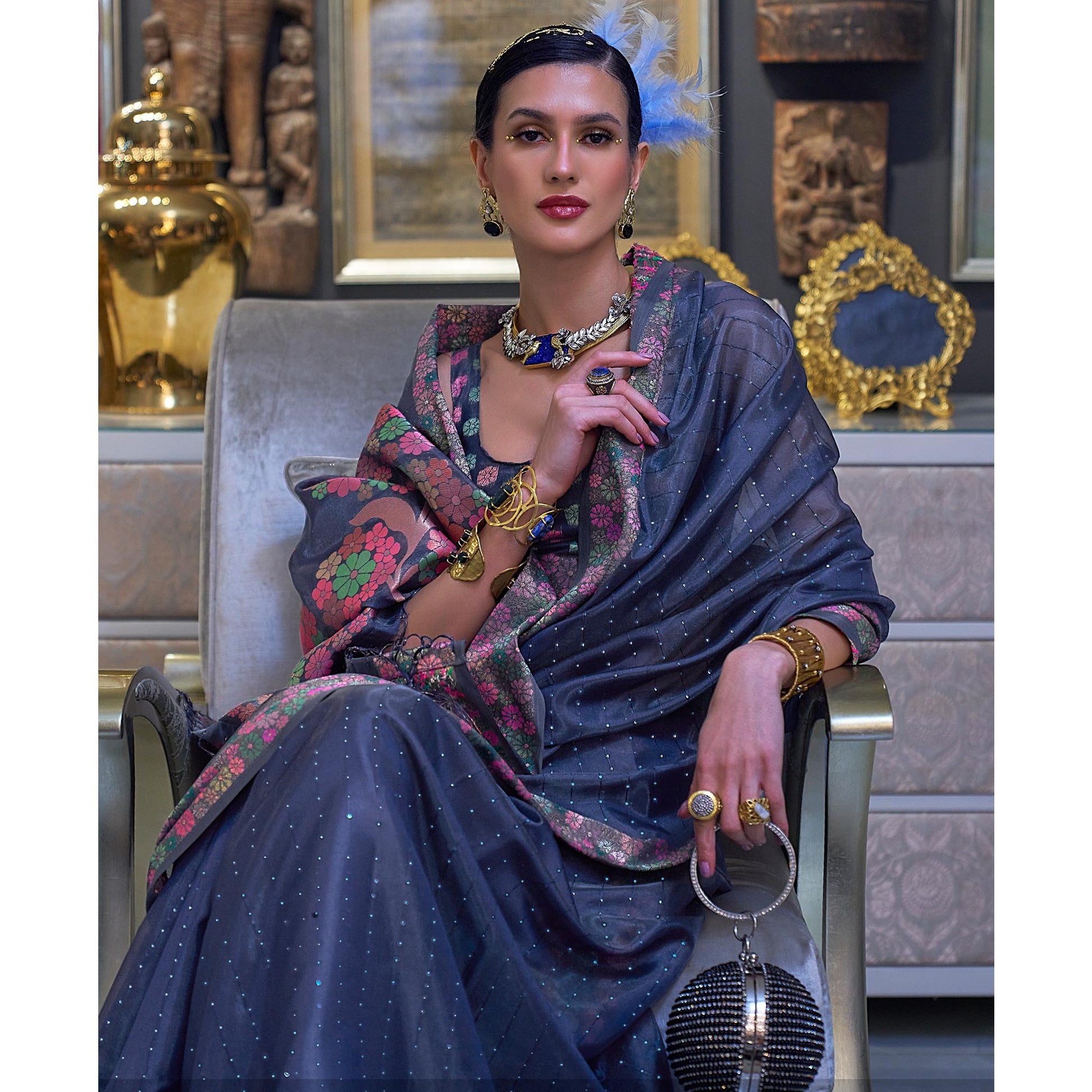 Blue Woven With Sequins Work Organza Saree