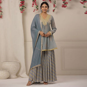 Grey Printed With Embroidered Chiffon Sharara Suit