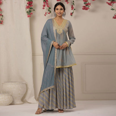 Grey Printed With Embroidered Chiffon Sharara Suit