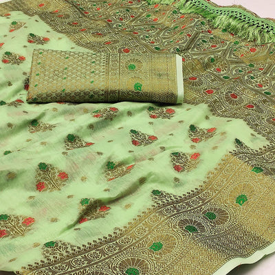 green-woven-poly-cotton-saree-with-tassels-2