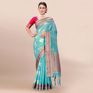 Blue Woven Organza Saree With Tassels