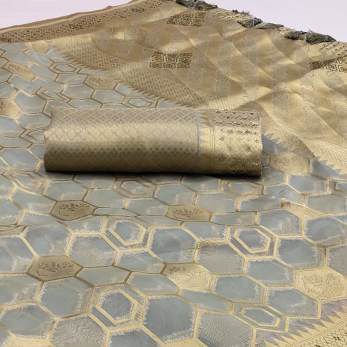 Grey Woven Art Silk Saree With Tassels