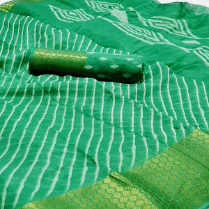 green-striped-printed-linen-saree