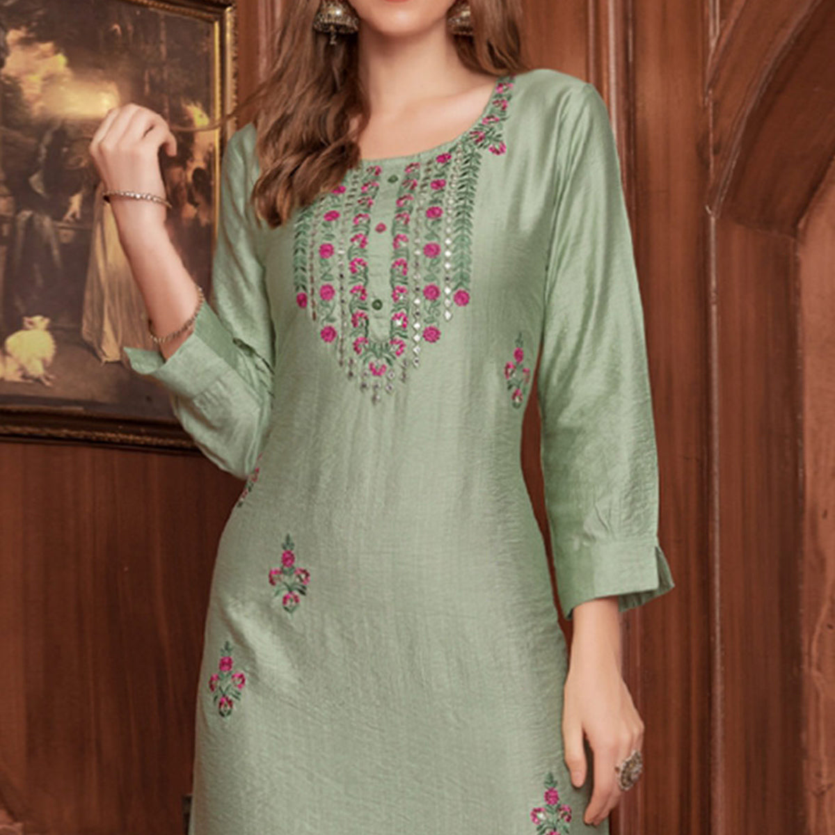 green-floral-embroidered-rayon-kurti