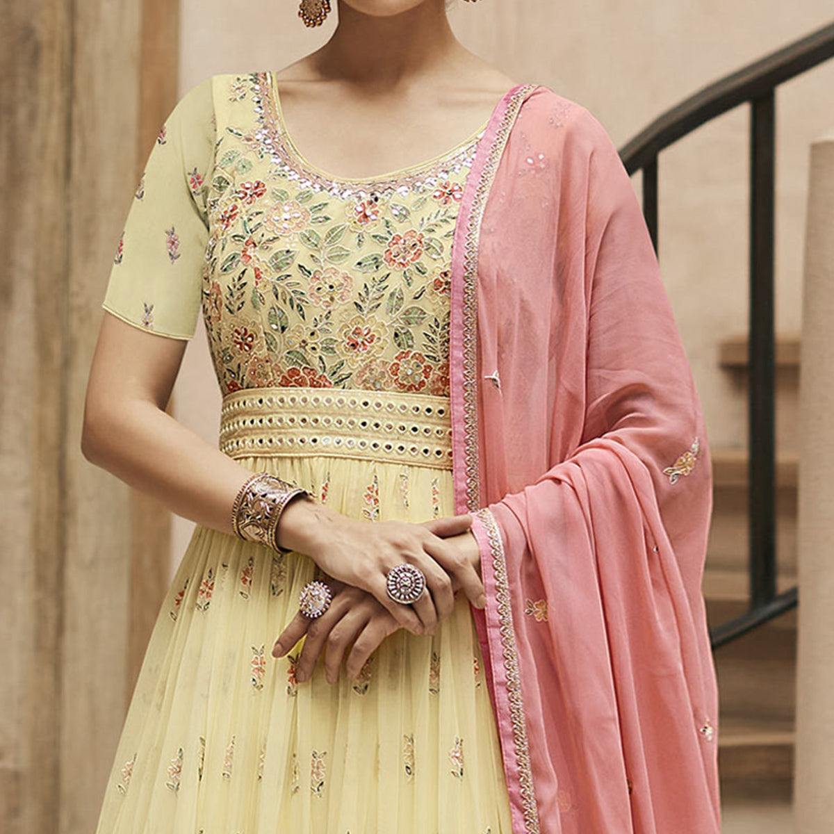 Light Yellow Sequins Floral Embroidered Georgette Semi Stitched Anarkali Suit