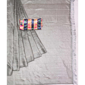 Grey Striped Pattern Manipuri Silk Saree