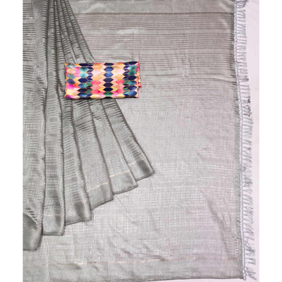 Grey Striped Pattern Manipuri Silk Saree