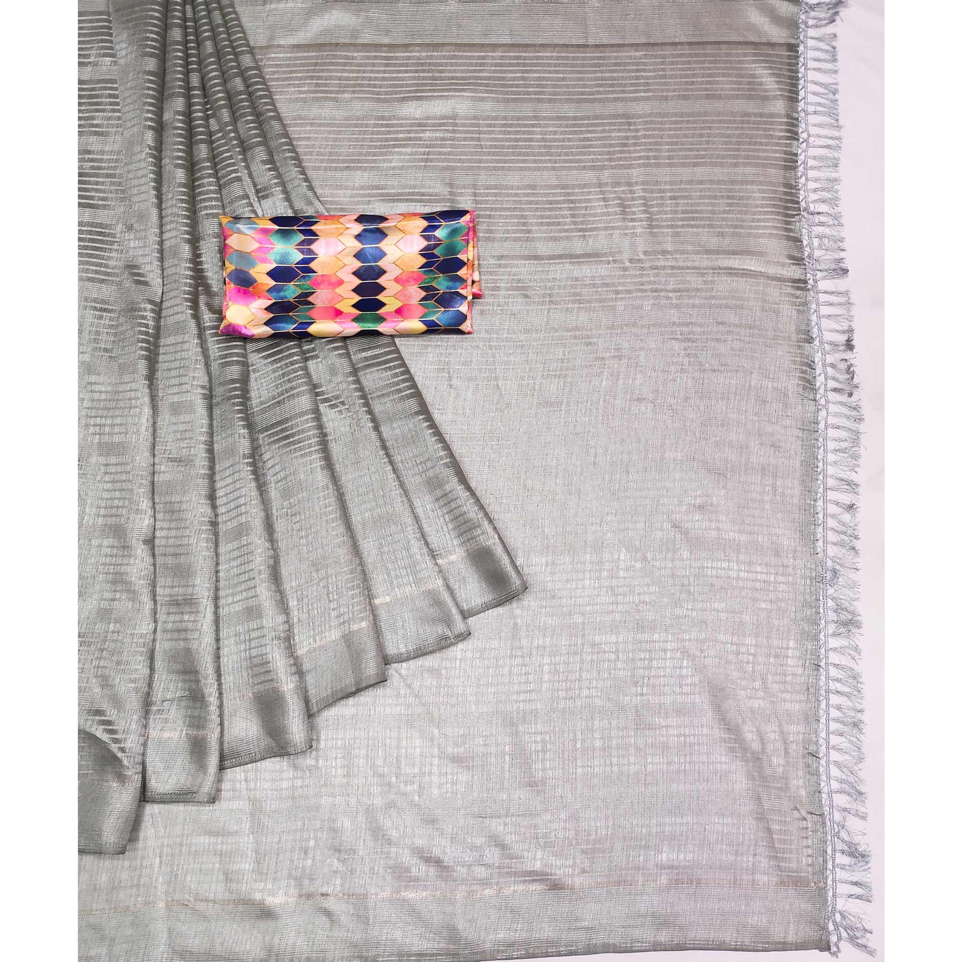 Grey Striped Pattern Manipuri Silk Saree