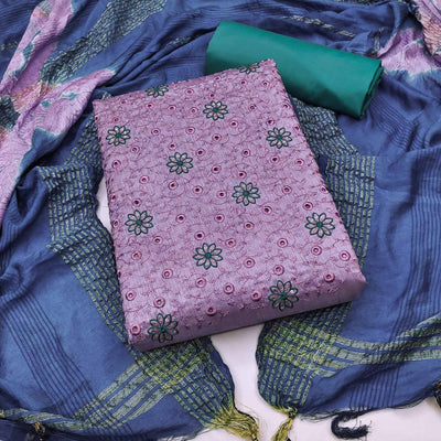 Lavender Embroidered Raw Silk Dress Material