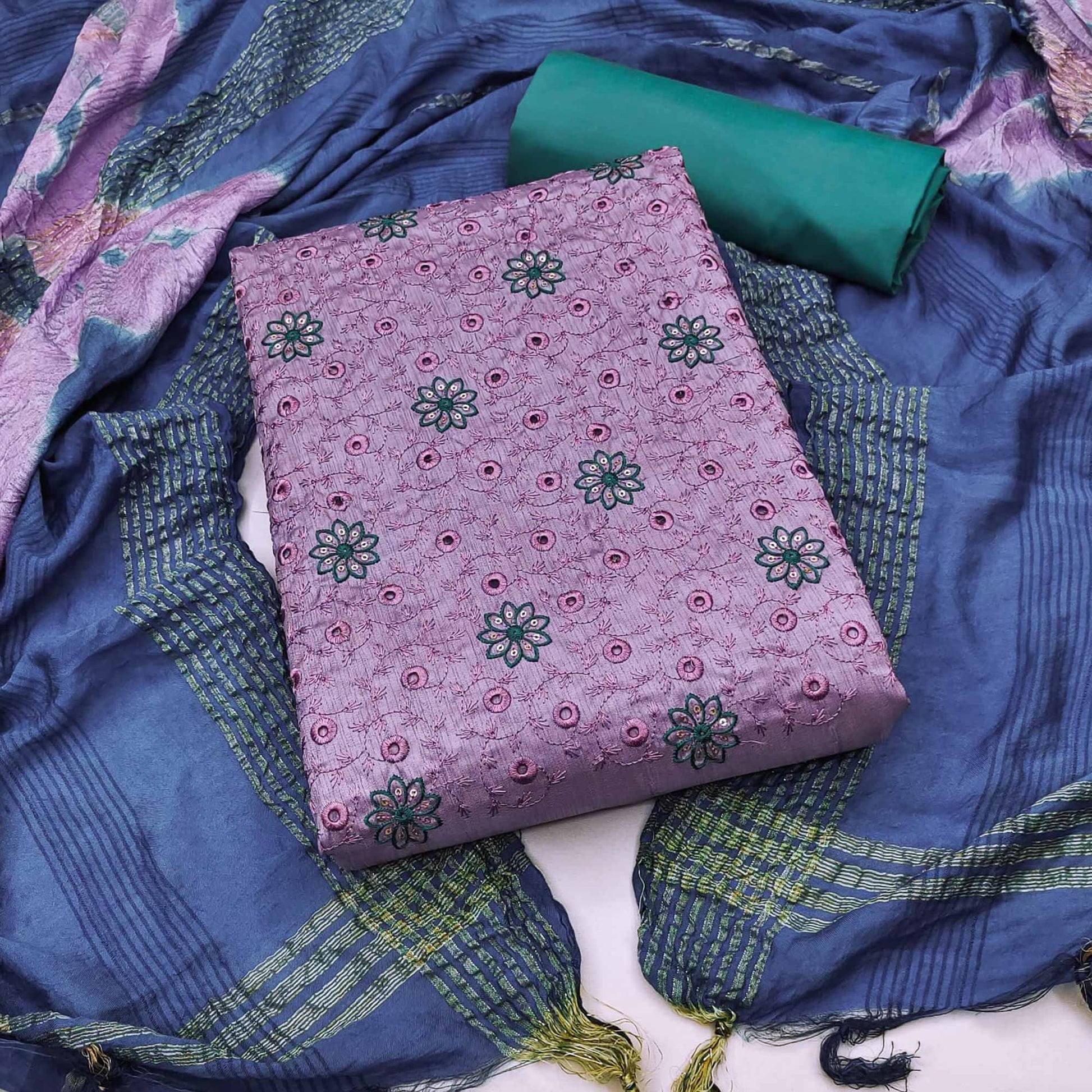 Lavender Embroidered Raw Silk Dress Material