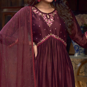 Maroon Floral Embroidered Art Silk Naira Cut Suit