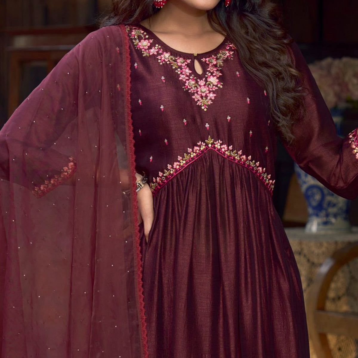 Maroon Floral Embroidered Art Silk Naira Cut Suit