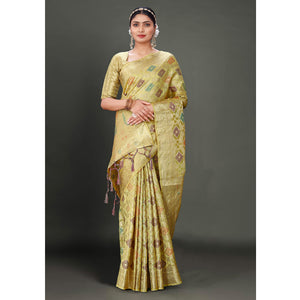 Lemon Green Woven Organza Saree With Tassels