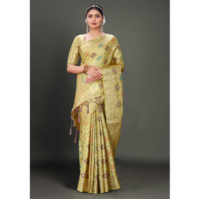 Lemon Green Woven Organza Saree With Tassels