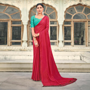 Dark Pink Printed Georgette Saree With Tassels