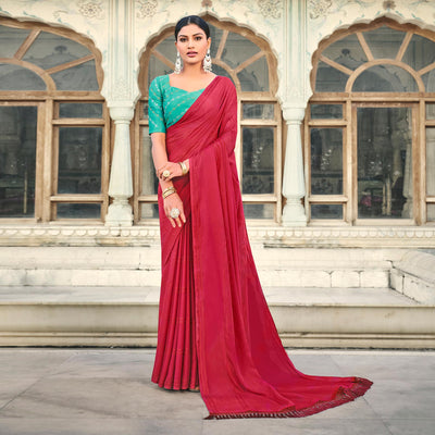 Dark Pink Printed Georgette Saree With Tassels