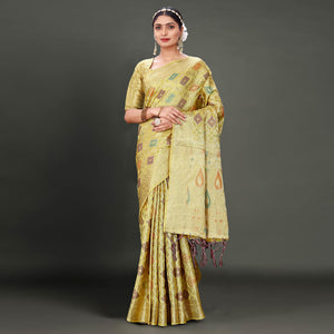 Lemon Green Woven Organza Saree With Tassels